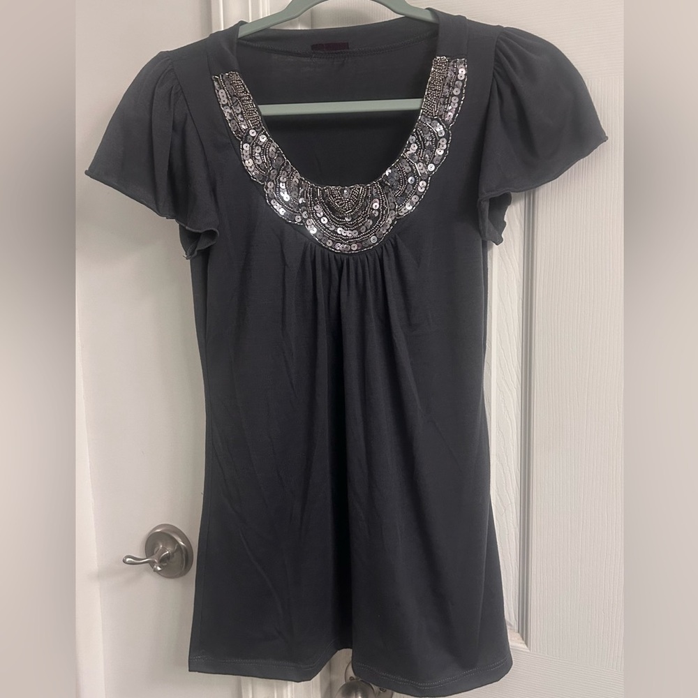 Agenda Black Scoop Neck Tunic with Silver Sequin Embellishment